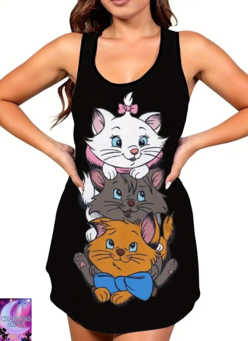 ]DISNEY Aristocats Women's Plus Size Sleeveless Nightgown - Soft Comfortable Material, Cute Cartoon Cat Digital Print Sleepshirt | Breathable Summer Pajama Dress with Round Neck, Machine Washable Gift for Wife/Girlfriend, Comfortable Loungewear