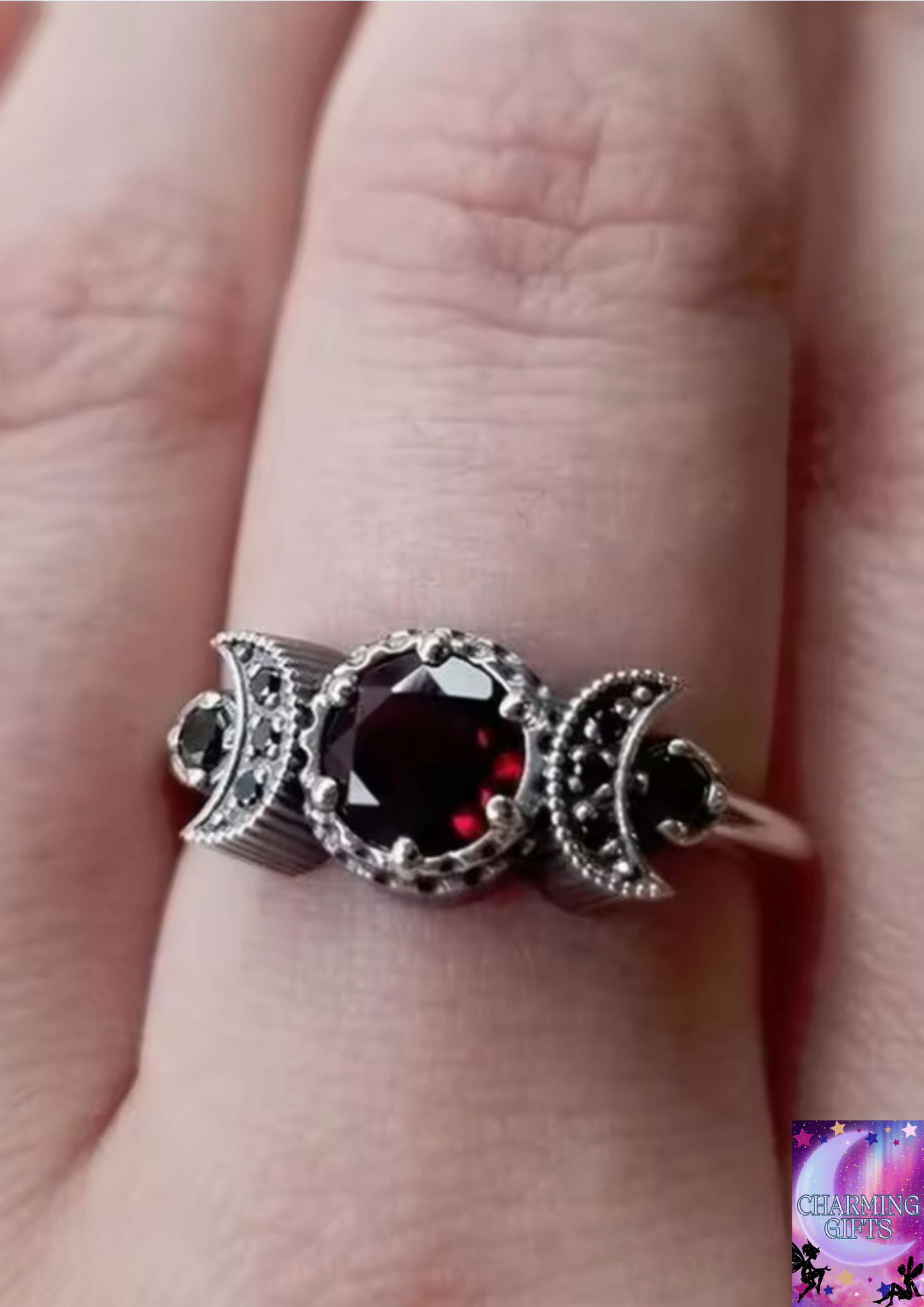 Exquisite Women Silver Color Red Stone Carving Moon Engagement Rings for Women Anniversary Engagement Bridal Jewelry Gift