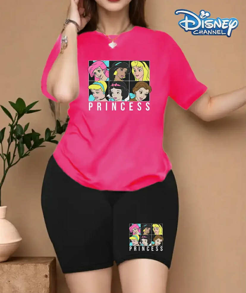 Disney Collection [Authorized] Disney Princess Printed Short Sleeve Women's, Plus Size Women's Round Neck T-Shirt Shorts Set, Simple Fashion Summer Casual Sports Two Piece Suit Perfect choice!