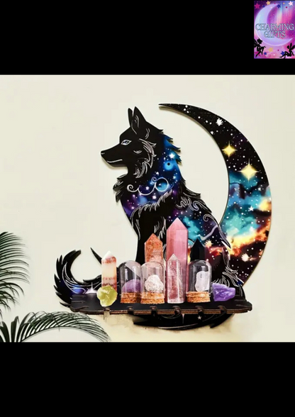 1pc Galaxy Moon and Wolf Wall Shelf, Boho Wall Hanging Storage Display with Artificial Wood, Animal-Themed Design for Plants, Flowers, Scented Candles, Hallway, Bedroom, Christmas Decor, Wall Decor, Easy Assembly, No Electrical Needed, Hallway Storage