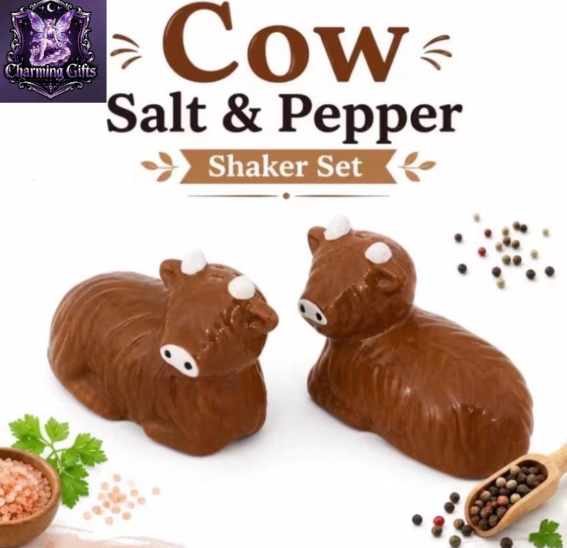 Highland Cow Salt & Pepper Shaker Set, Ceramic Seasoning Pots, Decorative Kitchen Table Condiment Set, Farmhouse Dining Accessories