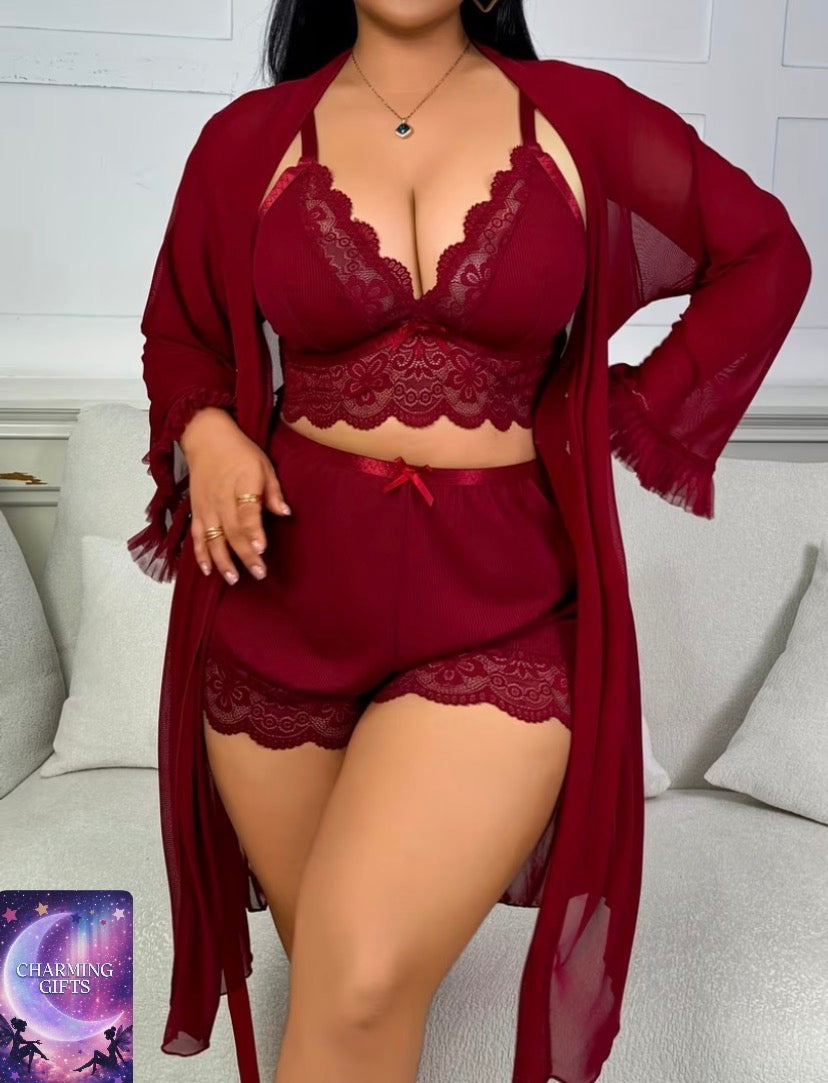 Sexy Lace Camisole Nightgown with Lace Trim, Floral Lace Wide Sleeve Mesh Three-Piece Sleepwear Set