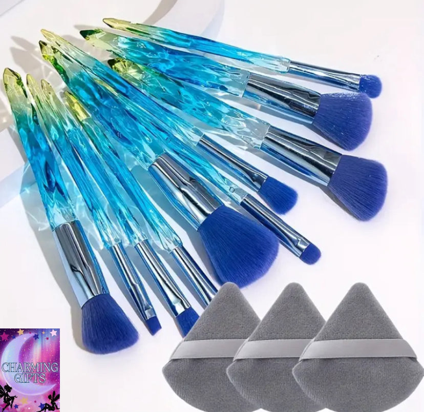 10 transparent ice cone shaped gradual  makeup brushes, flawless foundation make-up brush, powder blusher brush, powder brush, eye shadow brush set, glass shaped transparent handle - and powder puffs