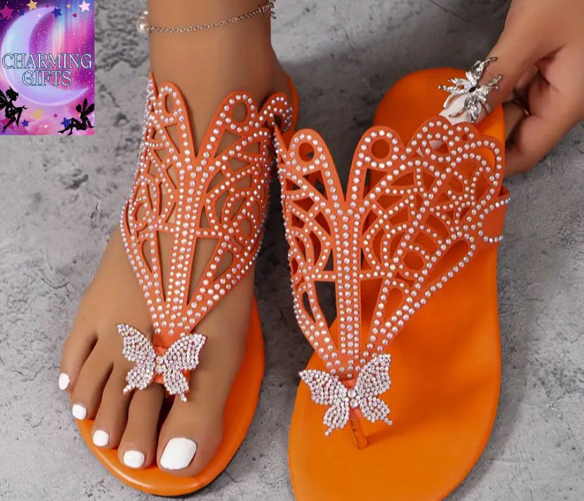 Stylish Black Faux Cover Butterfly Flat Sandals - Elegant Women's Rhinestone Clip Toe Design with Hollow-Out Pattern - Rubber Sole for Summer Wear