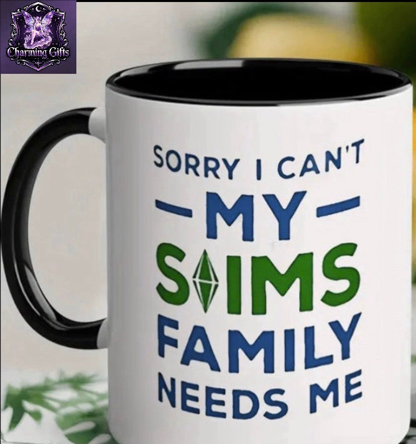 "Sims Family Needs Me" 11oz Ceramic Coffee Mug - Microwave & Dishwasher Safe, White with Bold Blue & Green Text, Perfect Gamer Gift for Sims Fans