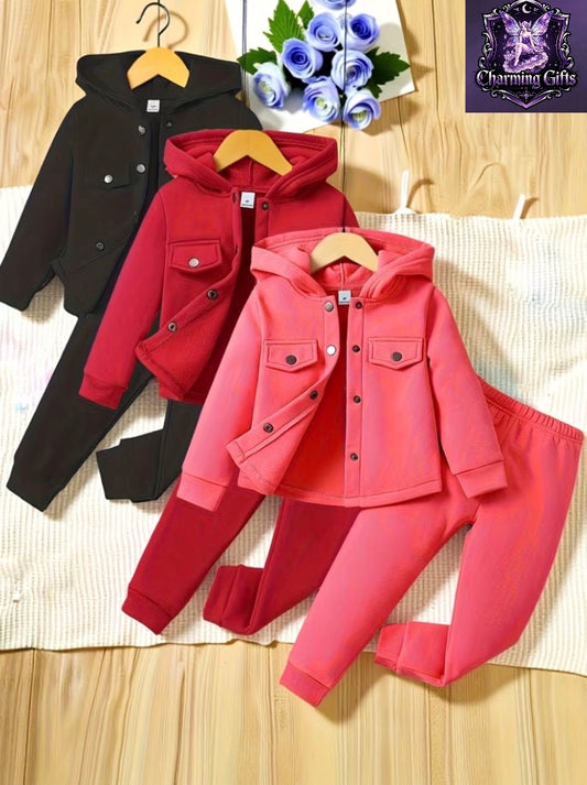 Girls' 6pcs Set, Easy And Stylish Hooded Jacket with Buttons, Cold-Proof, Suitable for Spring And Autumn Casual Daily Wear And Outdoor Activities, for Outdoor