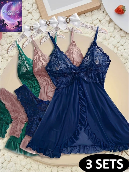 3 Sets, Romantic Lace Set for Women, V-Neck, Asymmetrical Split Hem, 95% Fiber, Soft And Comfortable Touch, 4-Season Wearable Set, Anniversary Gift