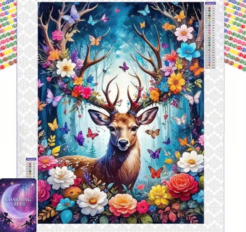5D Diamond Painting Kit - Enchanting Deer with Flowers & Butterflies, Round Diamond Art Canvas for Home Decor, Vibrant Animal-Themed Craft Set, DIY Craft Kit|Vibrant Canvas Art|Crafting Supplies, New Diamond Painting