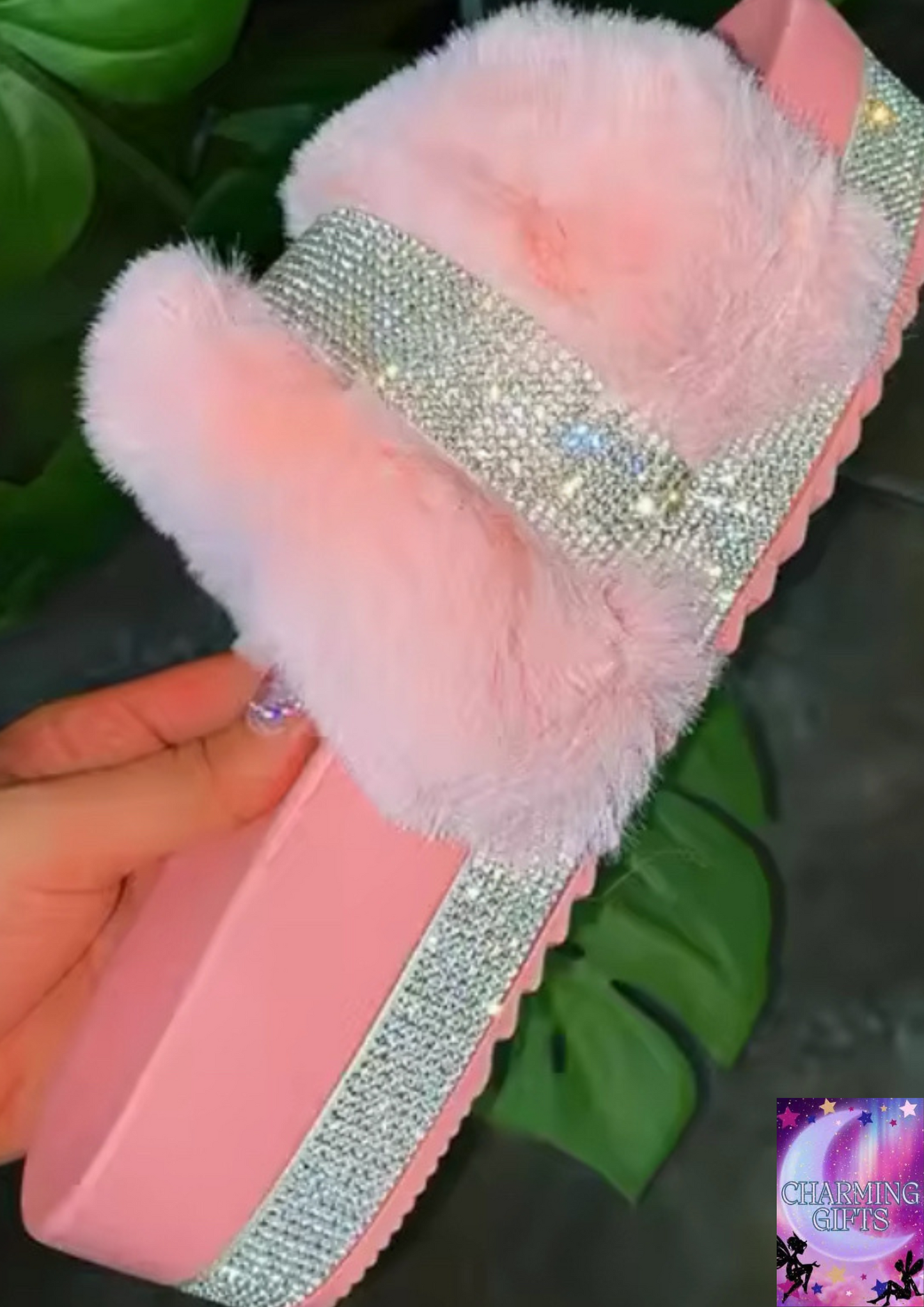 Women Fur Rhinestone Slippers Platform Wedges Without Heel Fluffy Furry Slides Flat Flip Flops Shoes Ladies Shiny Bling