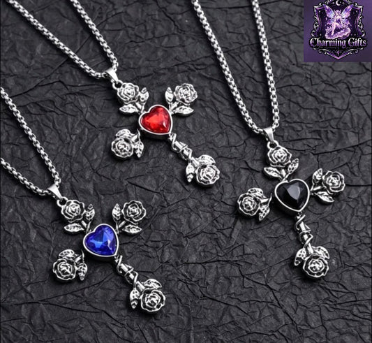 3pcs Set Vintage Distressed Rose Cross Necklace, Three-Color Heart Options, Niche Subculture Style Versatile Sweater Chain, Unisex Sweet & Cool Designer Jewelry