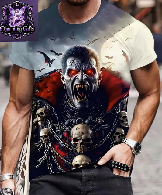 Men's 3D Skull Bat Print T-Shirt - Full-Body Graphic Streetwear Tee with Red Eyes & Chains Design, 100% Round Neck Short Sleeve, Machine Washable Regular Fit Casual Top for Bold Visual Impact, Streetstyle Clothing, Durable Fabric, PLUS SIZE