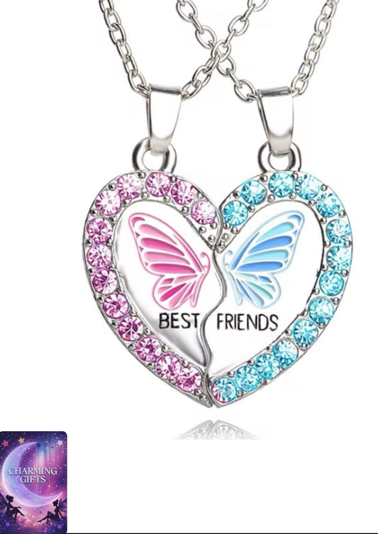 BFF Necklace for 2, Best Friend Cute Zircon Crystal Butterfly Valentines Day Gifts Matching Heart Pendant Friendship Necklaces