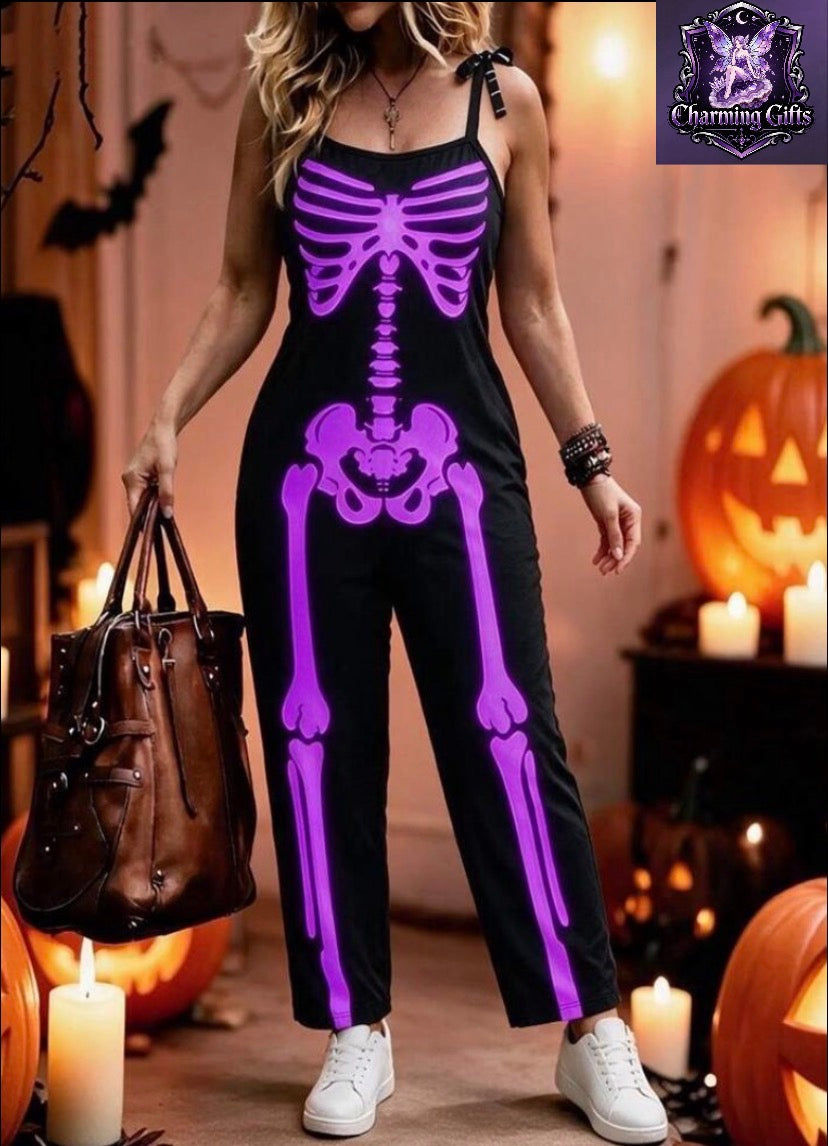 💀 Plus Size Halloween Skeleton Print Spaghetti Strap Jumpsuit