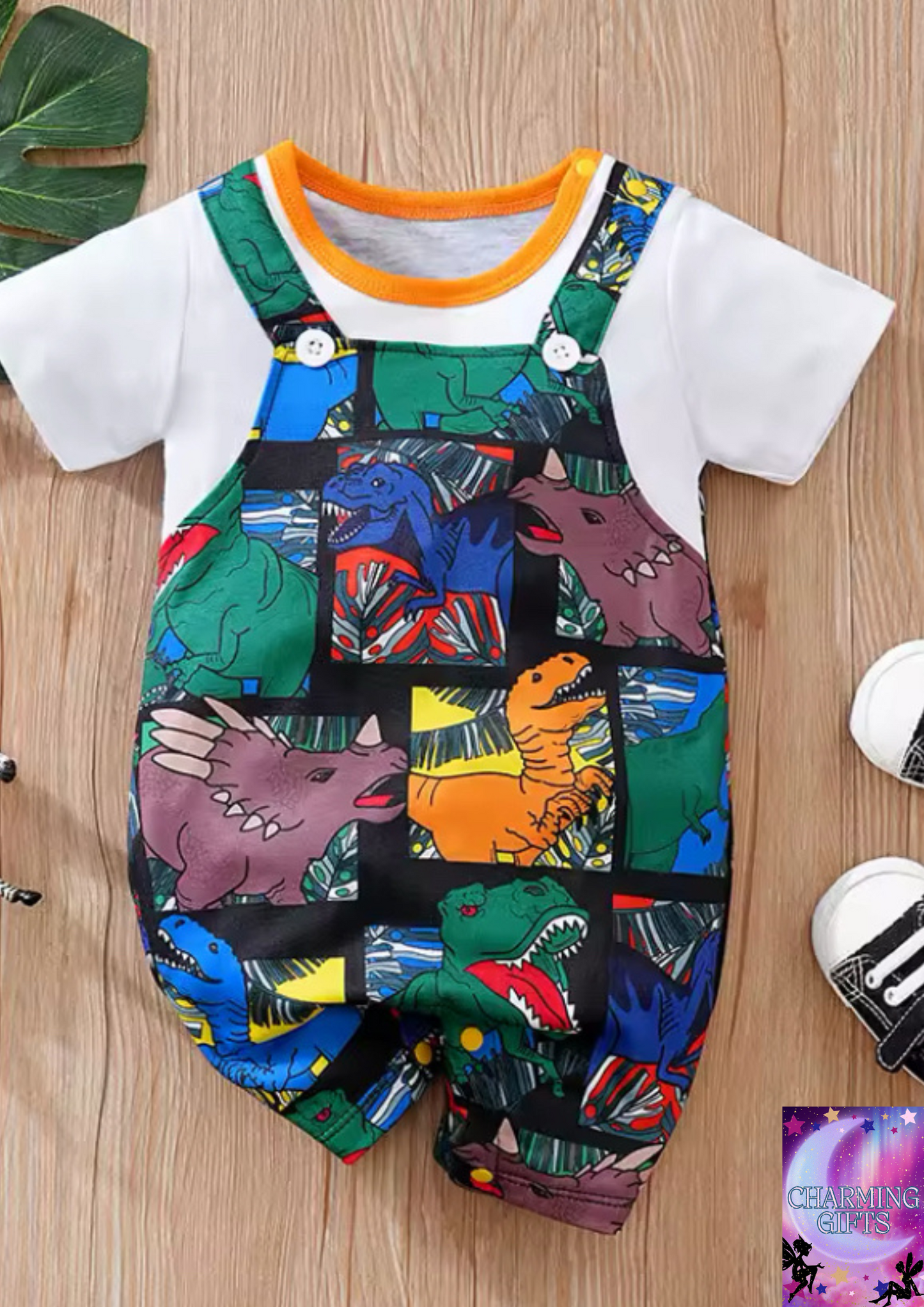 Summer Boys And Girls Handsome Cartoon Strap Dinosaur Print Comfortable Casual Short Sleeve Baby Bodysuit