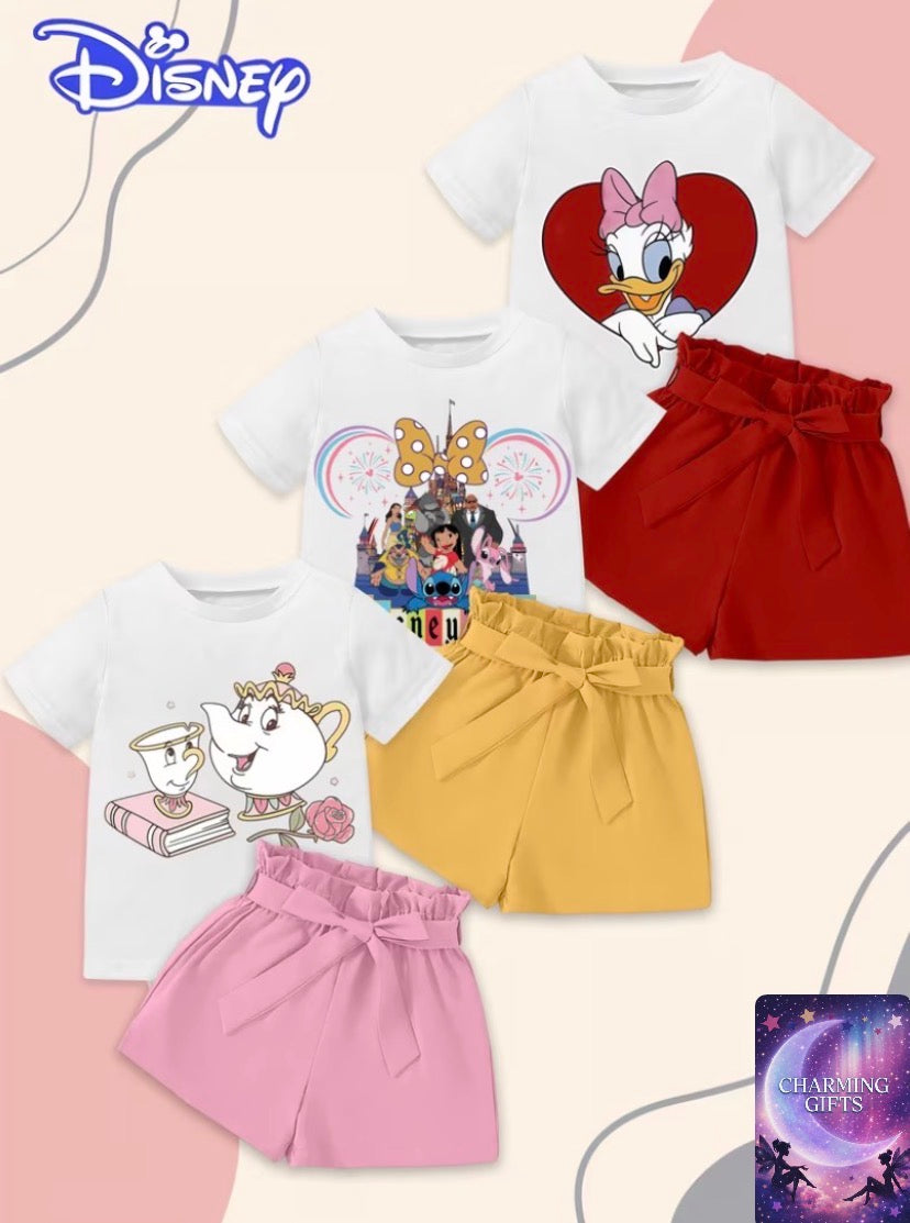 Disney 6pcs Set, Disney T-Shirt and Shorts Outfit, Stitch and Daisy Patterns, Cute Design, Soft Fabric, Short Sleeve Round Neck, Perfect for Adorable Fashion Style, Perfect for Outdoor