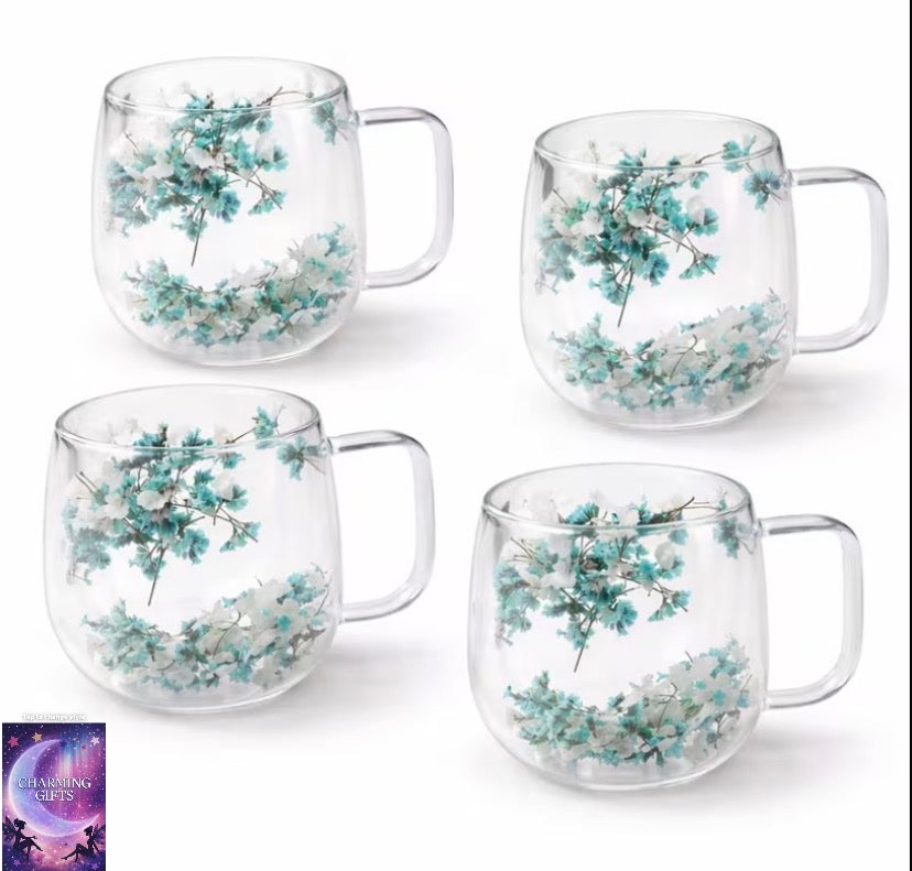 200ml 4pcs Set Of Double Walled Glass Cup Dried Flower Insulated Coffee Tea Mug with Handle Mug Gift Set