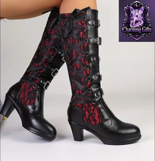 Women's Gothic Punk High-Top Boots with Round Toe, Back Zipper & Lace Block - Chunky High Heel Suitable for Weddings, Parties, Motorcycle Riding - - Gothic Boots, Women Shoes