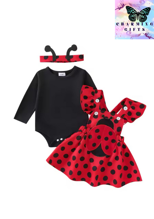 Baby Girls Autumn Skirt Sets Flying Sleeve Romper Bee/Beetle Embroidery Suspender Dress Headband Sets