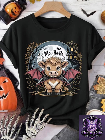 [Halloween Holiday Outfit] Women'S Party Gift Moo-Ha-Ha Text Vampire Highland Cow Castle Dead Tree Bat Full Print Round Neck Short Sleeve T-Shirt Dark Cute Style All-Season Versatile Casual Wear Fashion Athletic Leisure Comfortable Breathable Top