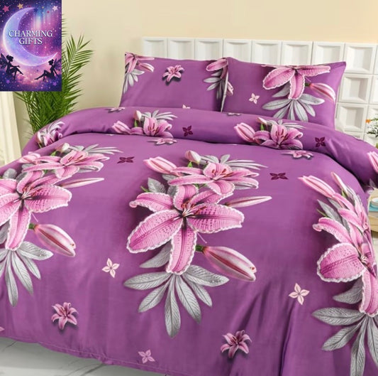 A Four-season Duvet Cover, Soft and Skin-friendly, Without Pillowcases, Pillow Inserts, or Duvet Inserts. The Rich Purple Base Is Fully Covered with Three-dimensional Pink Lilies, Accented with Silvery-gray Leaves,Double Duvet set