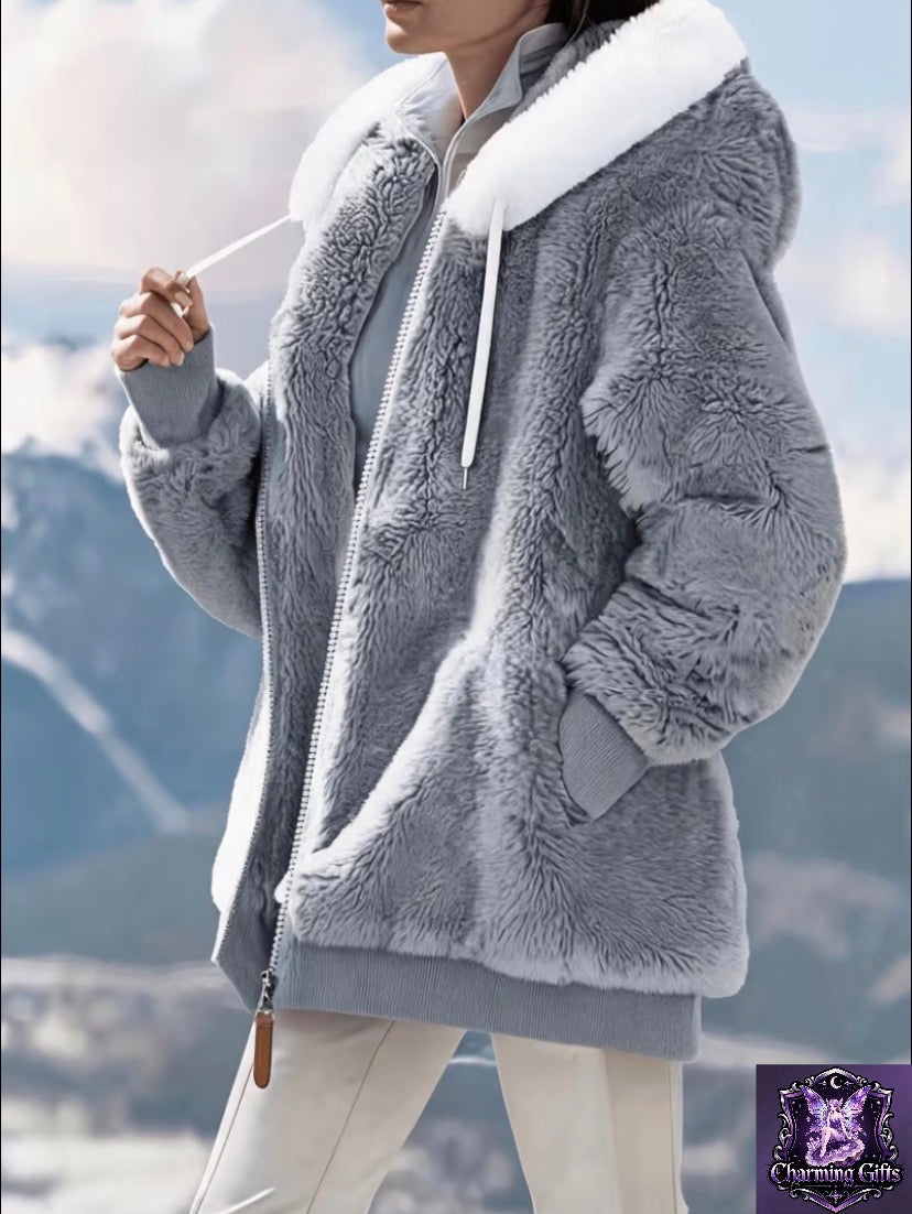 Women'S Autumn Winter Fleece Lined Zipper Hooded Coat, Elegant Winter Double-Faced Plush Coat Dress, Solid Color Design Machine Washable Loose Fit Suitable for Autumn Winter Wear