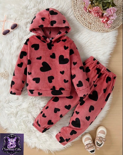 Girl's Heart Print Hooded Sweatshirt and Sweatpants Set, New Autumn/Winter Collection, Comfortable, Cute, Casual, and Warm, Perfect for Outdoor