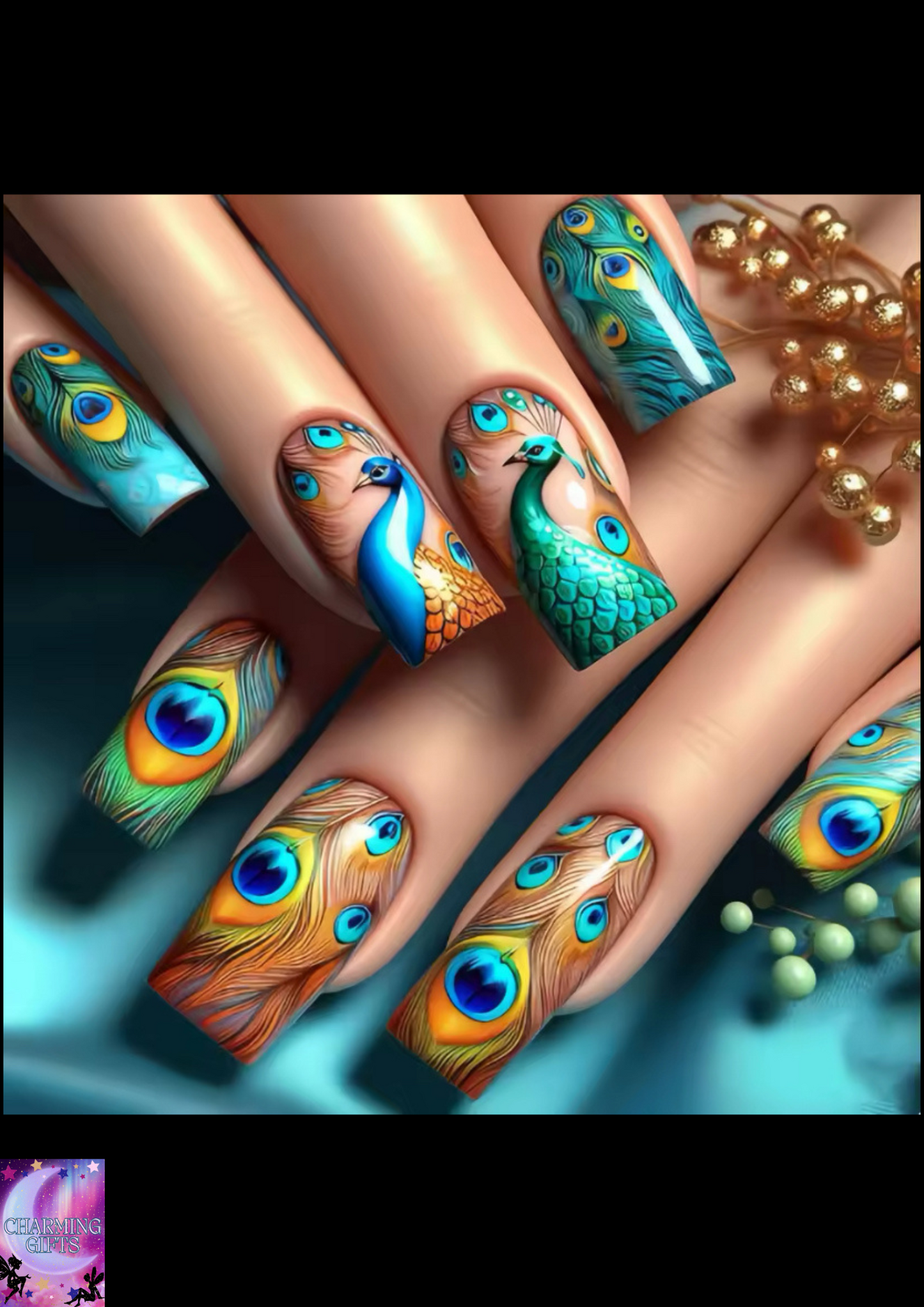 24pcs/set medium long fake nails fashion butterfly feather forest sea wave design gradient blue purple green press on false nail