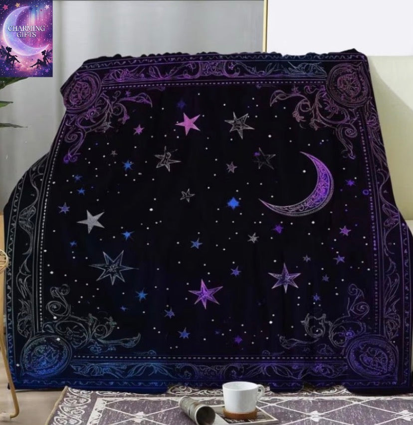 1pc Purple Black Starry Sky Moon Print Flannel Blanket - Soft Breathable, Warm And Lightweight, Suitable for Camping, Living Room, Sofa, Office, Home Throw, And Digital Printed Decorative Blanket