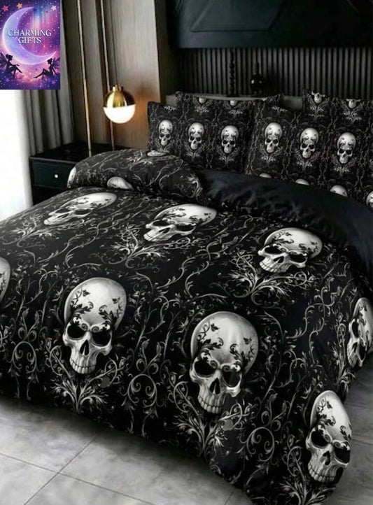 3pcs Black Gothic Skull Print Duvet Cover Set (1*Duvet Cover + 2*Pillowcases, No Fill), Vintage Baroque Decorative Skull Duvet Cover, Suitable For Halloween Horror Bedroom Decor,Super  king
