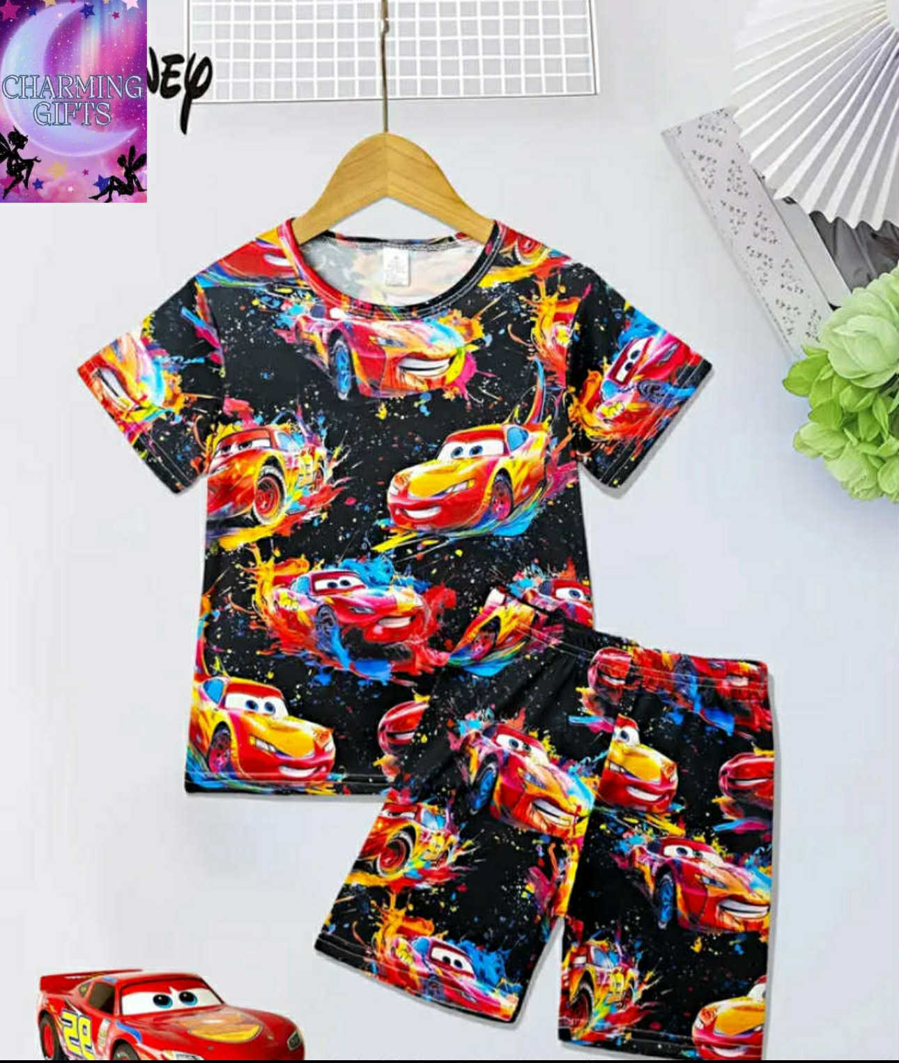 Racing, Lightning McQueen, Flame Race, HD Print, Boys' Spring And Summer Pajama Set, Skin-friendly And Breathable Fabric, Suitable for 2-7 Year Old Boys, Suitable for Various Occasions