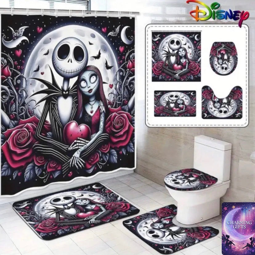 Celebrate the holidays Nightmare Before Christmas style with this whimsical 4-piece bathroom set featuring the iconic Jack & Sally! Perfect for fans who love a little Halloween charm mixed into their Christmas cheer.