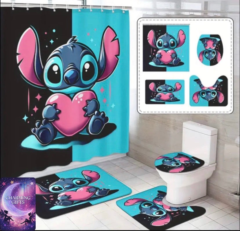 , Disney, Stitch Angel Shower Curtain Set, 4pcs, Shower Curtain with 12 Hooks, Non-slip Bathroom Mat, U-Shaped Toilet Mat, Toilet Lid Mat, Bathroom Accessories, Bath Mat Rug Spring Home Decor