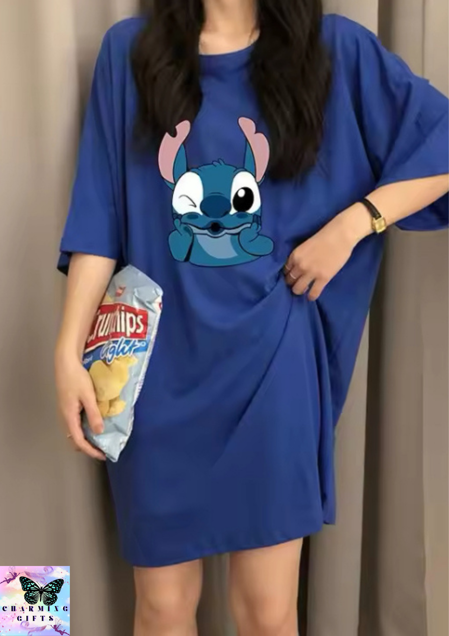 Kawaii Disney Stitch Nightdress for Women Cotton Cartoon New Short-Sleeved Loose and Versatile Dress That Can Be Worn Outside