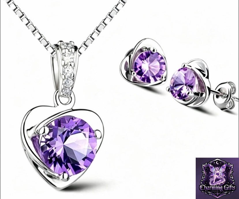 Crystal Heart Pendant 925 Sterling Silver Necklace Stud Earrings set