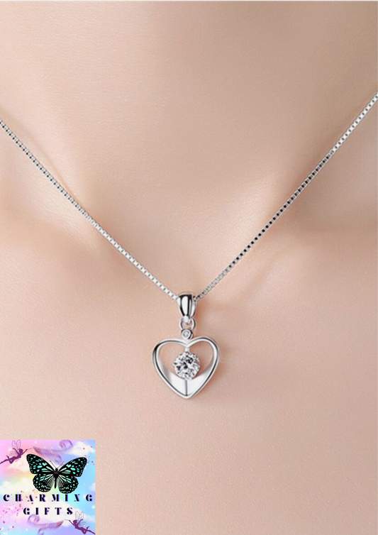 925 Sterling Silver Crystal Love Heart Pendant Necklace Women's  Jewellery