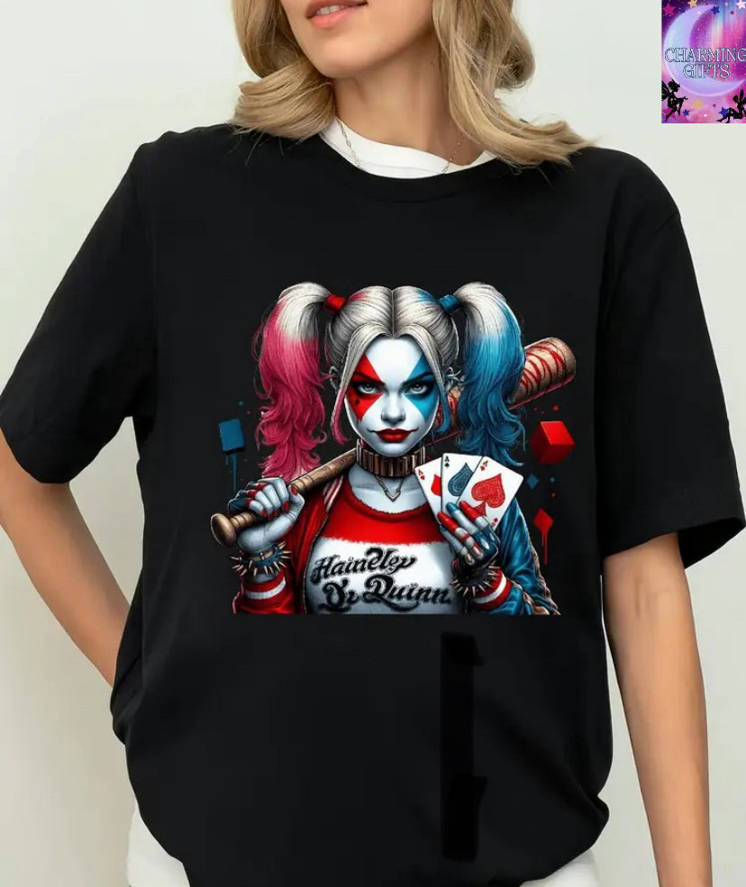 Plus Size - Women'S Harley Quinn Graphic T-Shirt - Soft Breathable Casual Top with Pink & Blue Hair, Red Lips & Ace of Spades Design, Round Neck, Short Sleeve, Perfect for Casual Attire, Casual Wear | Playful Design | Soft Fabric Shirt