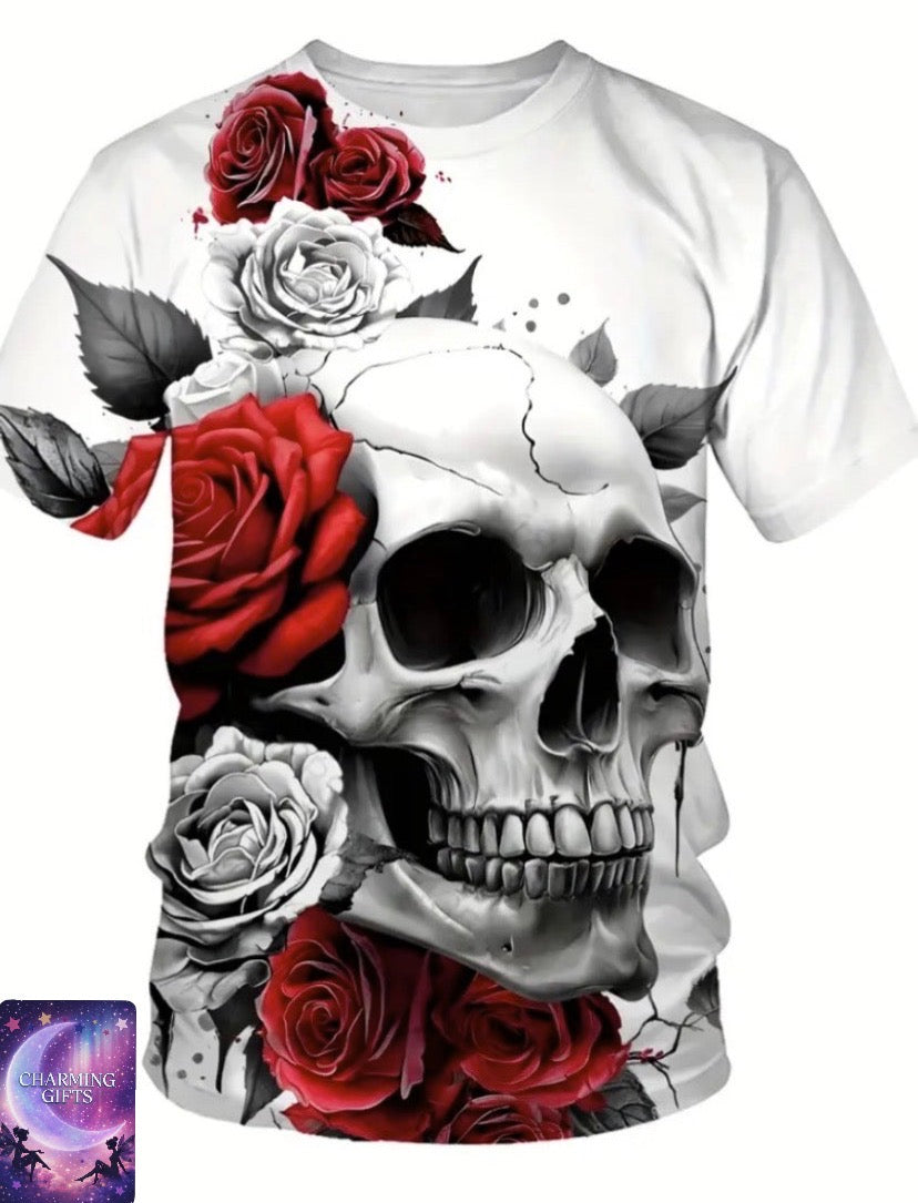Men'S 3D Skull & Rose Print T-Shirt - Casual Crew Neck, Short Sleeve, Polyester Knit, Summer Style, Regular Fit, Adult Size, Casual Summer Top | Skull Print Top | Polyester Fabric