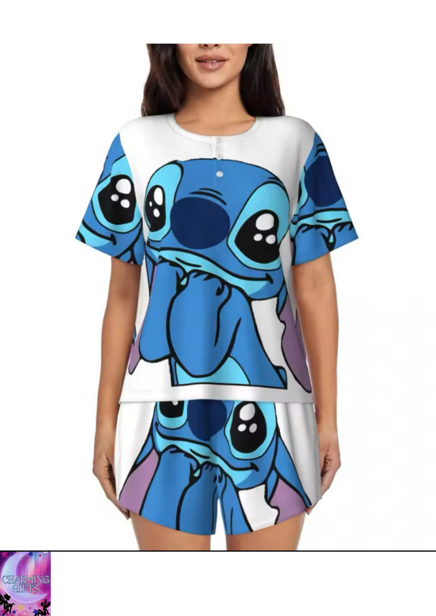 Cartoon Anime Manga Stitch Pajamas Set Women Short Sleeve Sleepwear Loungewear 2 Piece Pjs