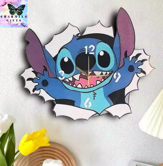 Disney Stitch Wall Clock Bedroom Cartoon Wall Clock Stitch Clock Decorative Home Children's Room Decoration Cute Hanging W