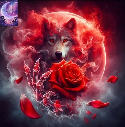 Blood Moon Wolf Spirit Red Rose Skull Hand-Painted Frameless DIY Diamond Art Painting Kit, Halloween 5D Mosaic Round Artificial Diamond Art Painting, DIY Diamond Art Painting Craft Wall Decors