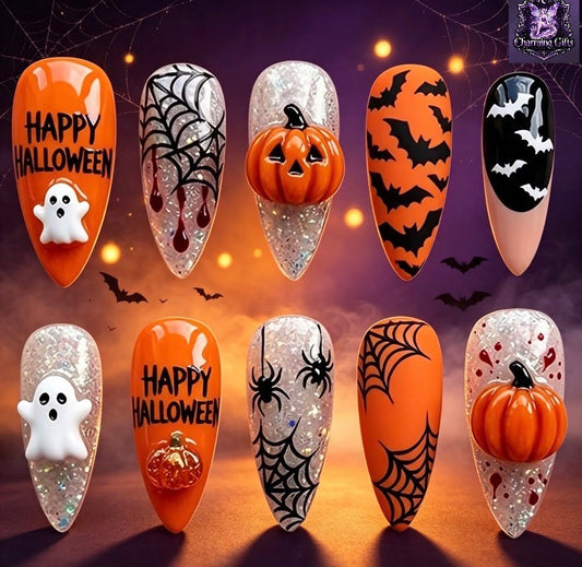 30pcs Medium Almond Press On Nails, Halloween Fake Nails with 3D Pumpkin & Charms, Bat, Spider Web, Glitter & Happy Halloween Letter Print, Spooky Orange Black Reusable Stick On False Nail Kit for Women Halloween Cosplay Party, Self Adhesive