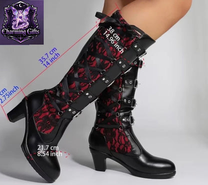 Women's Gothic Punk High-Top Boots with Round Toe, Back Zipper & Lace Block - Chunky High Heel Suitable for Weddings, Parties, Motorcycle Riding - - Gothic Boots, Women Shoes