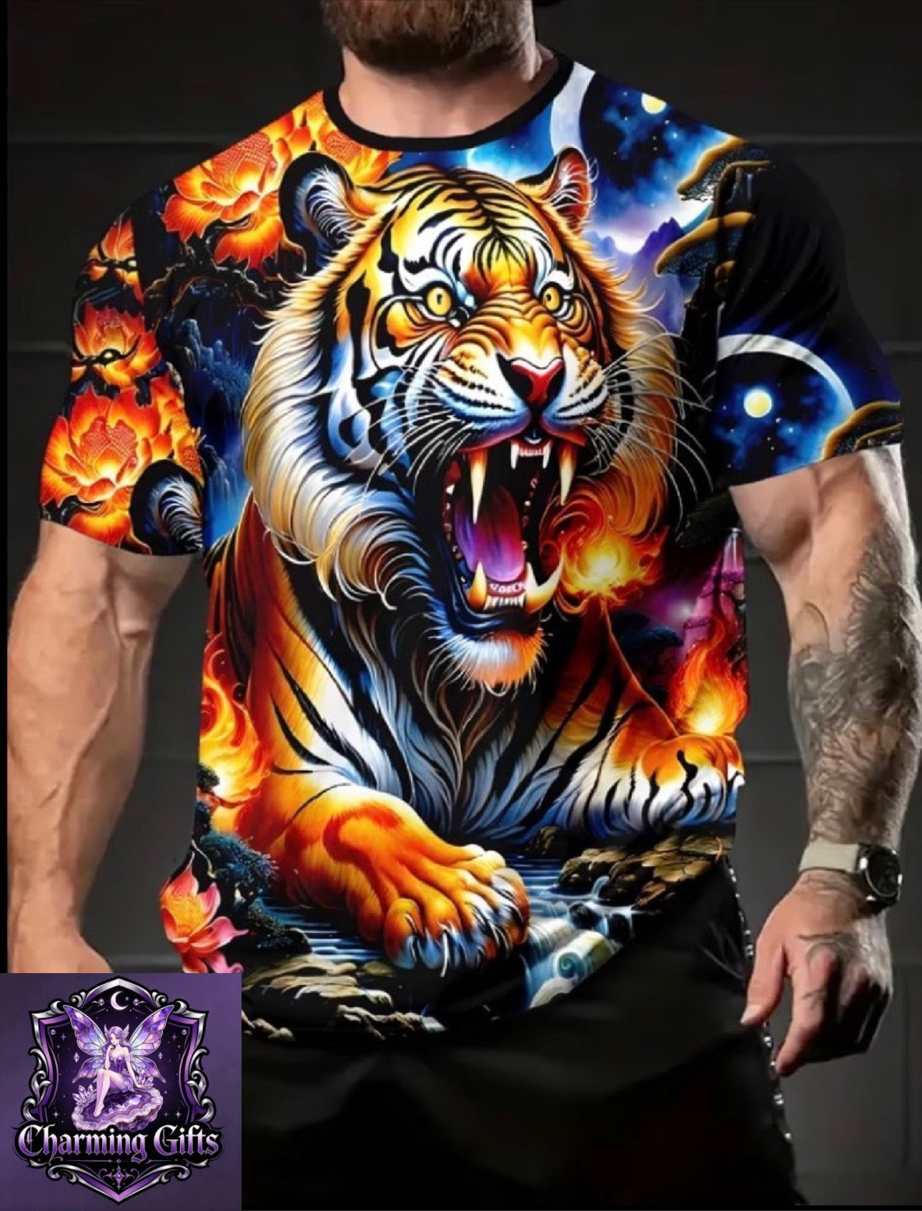 Pearson' Features a Short-Sleeved Print T-Shirt with a Tiger And Flower Design, Perfect for Casual Summer Outings for Men
