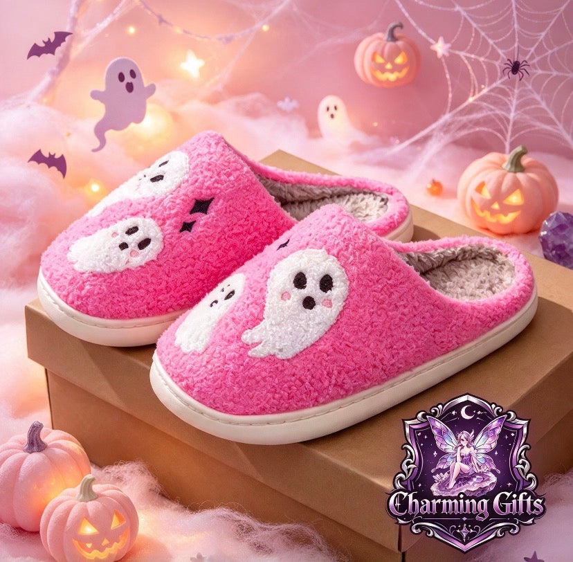 👻 Pink Cute Ghost Halloween Slippers — Cosy Plush Home Shoes