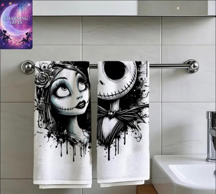 2pcs Jack Skellington & Sally Hand Towels - Retro Gothic Bathroom Decor, Super Soft Microfiber, Black & White Skull & Heart Design, Perfect for Easter, Birthday Gifts, Daily Use, Gift Item | Whimsical Decor | Skinfriendly Fabric