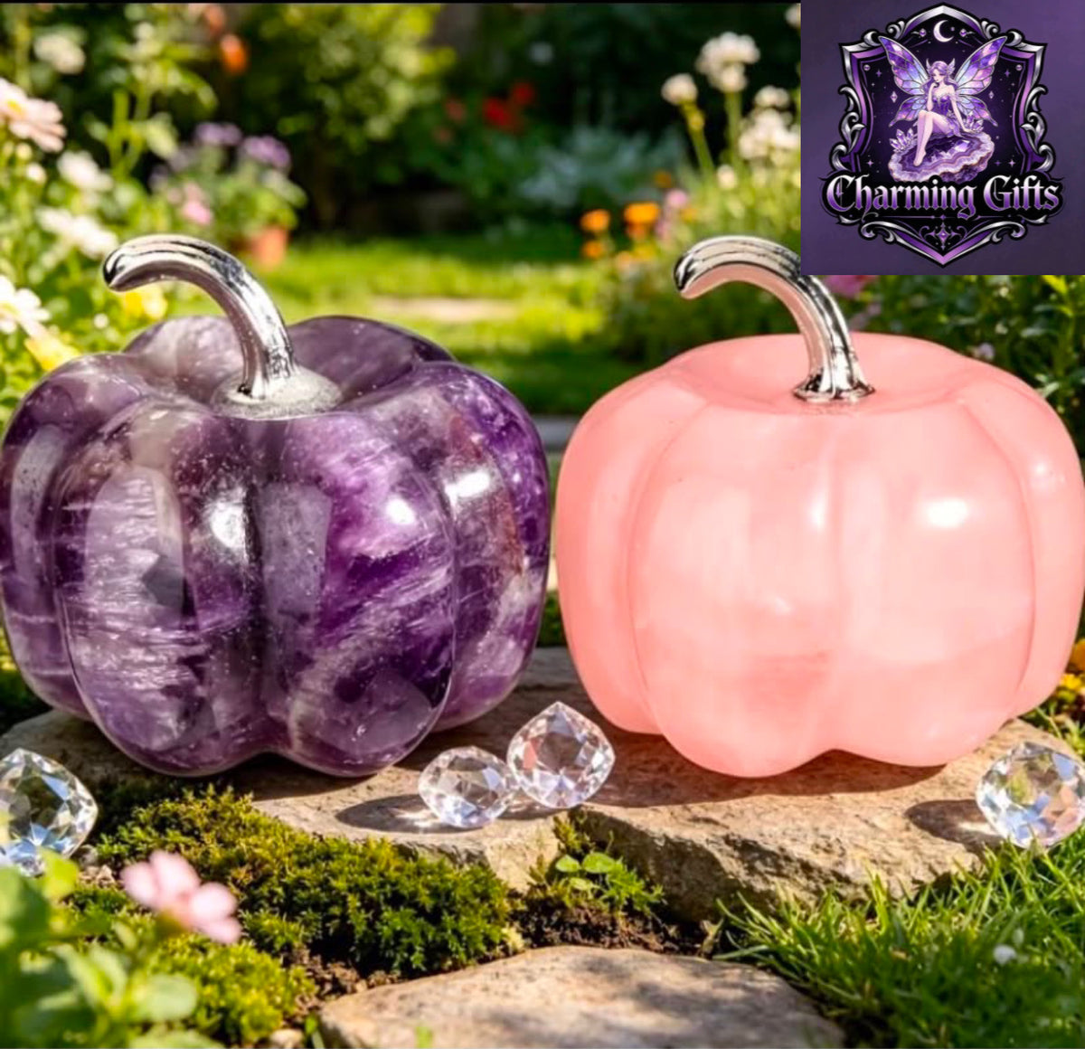 2pcs Cute Natural Crystal Pumpkin Statue Decorative Items, Purple amethyst  Crystal And Rose Quartz Pocket Crystal Guardians, Spiritual Small Items for Jewelry, Suitable for Home Decoration, Vegetable Lovers, Gardens, Perfect Birthday And Halloween Gifts
