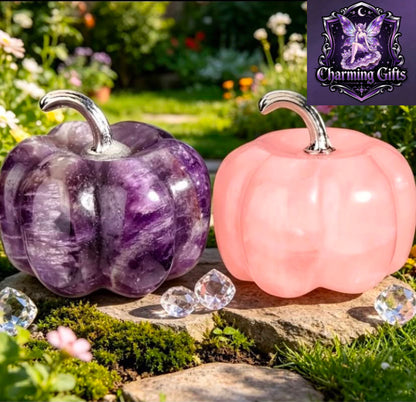 2pcs Cute Natural Crystal Pumpkin Statue Decorative Items, Purple amethyst  Crystal And Rose Quartz Pocket Crystal Guardians, Spiritual Small Items for Jewelry, Suitable for Home Decoration, Vegetable Lovers, Gardens, Perfect Birthday And Halloween Gifts