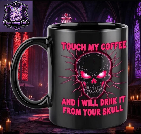1pc Gothic Skull Coffee Cup 11 oz (360 ml) | Black Ceramic Beverage Utensil with Red and White Cartoon Character Design, "Touch My Coffee, I Will Drink It From Your Skull" Text, Perfect for Halloween, Birthday, and Holiday Gift, Coffee Bar Accessory