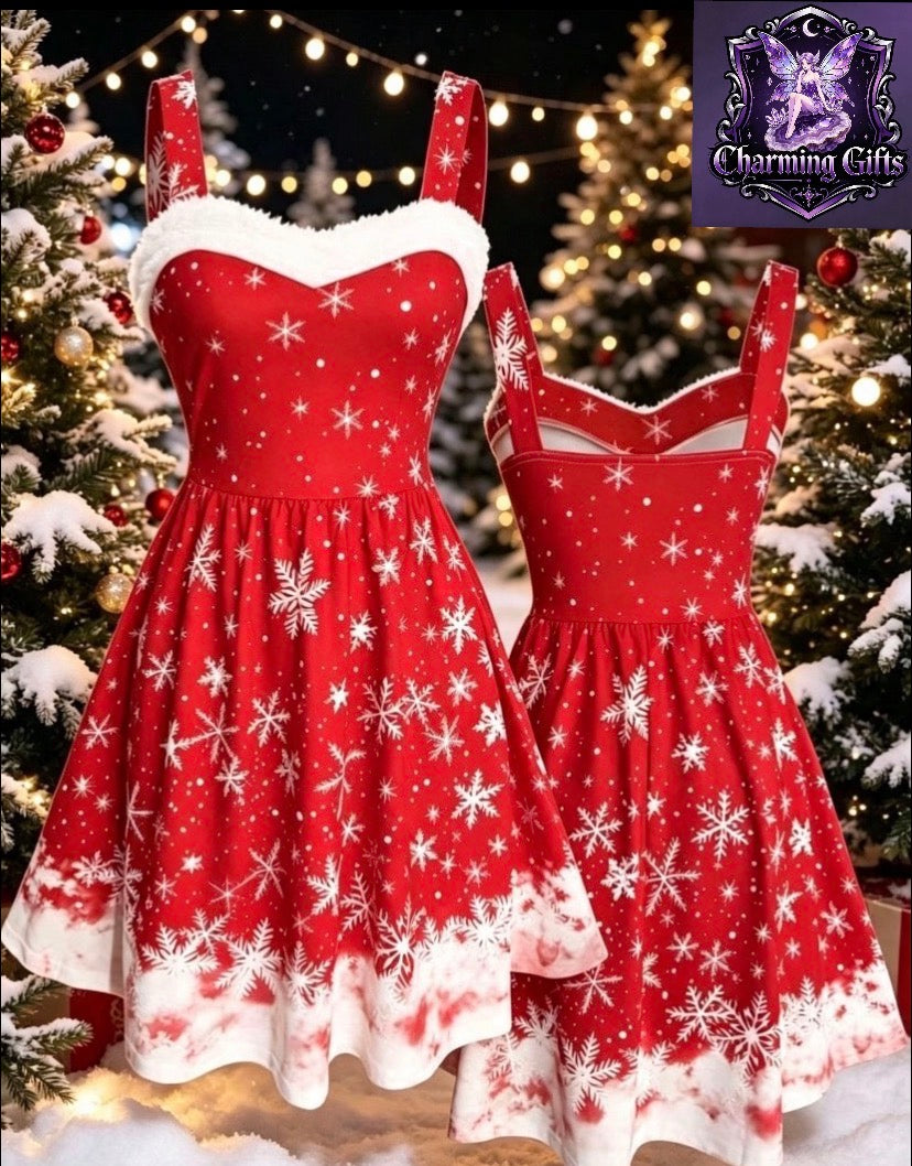 Women's Christmas Holiday Printed White Trim Dress with Falling Snowflake Hem, Slim-Fit Dress for Holiday Parties