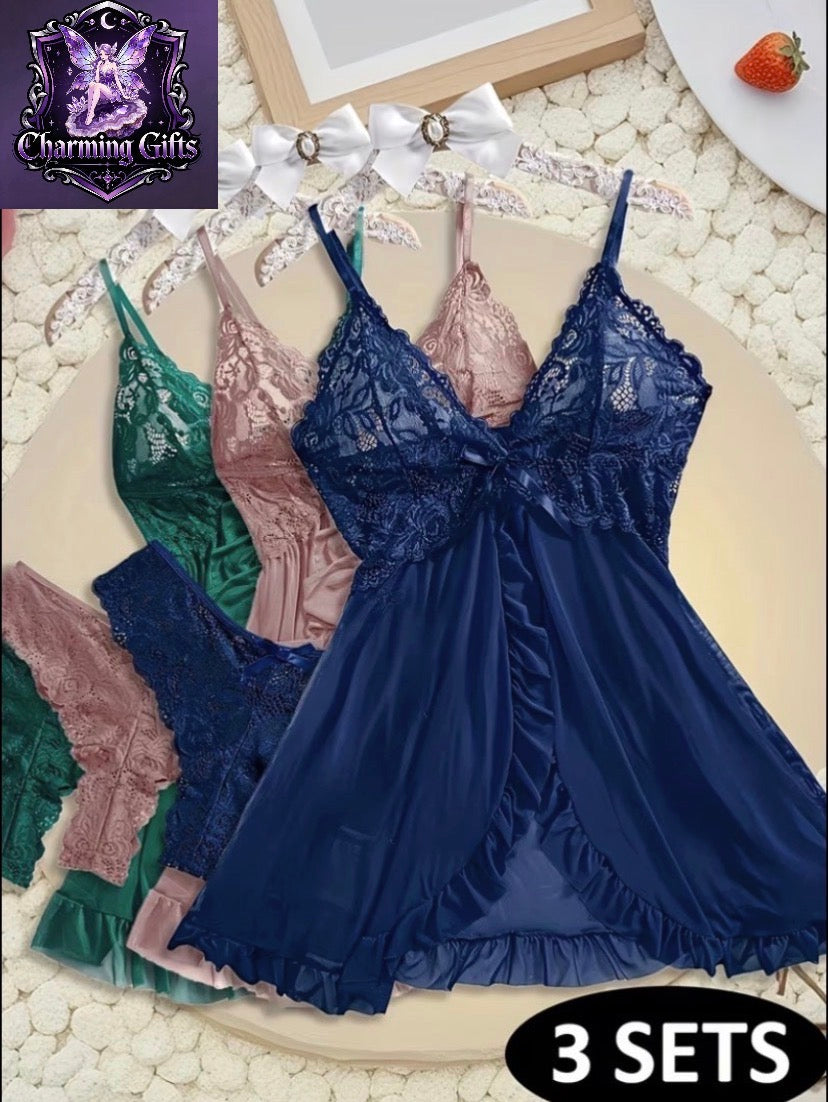 3 Sets, Romantic Lace Set for Women, V-Neck, Asymmetrical Split Hem, 95% Fiber, Soft And Comfortable Touch, 4-Season Wearable Set, Anniversary Gift